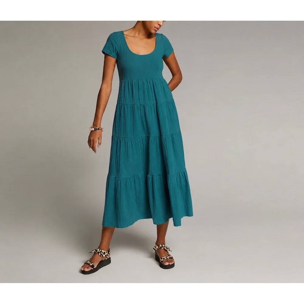 Maeve Anthropologie Gillian Teal Tiered Midi Dress Scoop Neck XL Boho Prairie